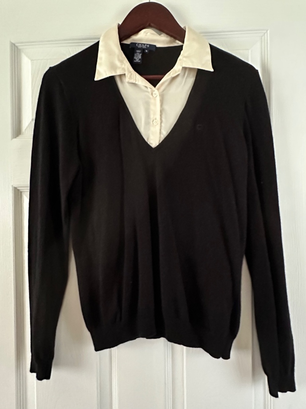 Chaps Black V-Neck Angora Rabbit Women's Sweater With Shirt Collar Medium NWOT